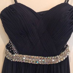 Strapless crystal beaded navy blue formal dress